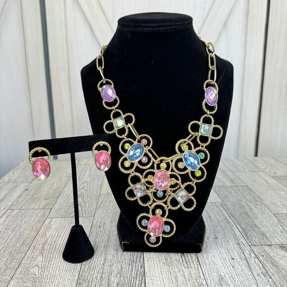 Pastel Gemstone Statement Bib Necklace Earrings Set - Picture 1 of 8